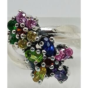 Vintage 1990's Floral Sterling Silver Bypass Band Ring‎ Gemstones CZ Size 8.5